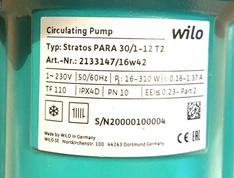 Wilo 2133147 Stratos Para 30 / 1 - 12 T2 Hocheffizienzspumpe 180 mm 230 Volt